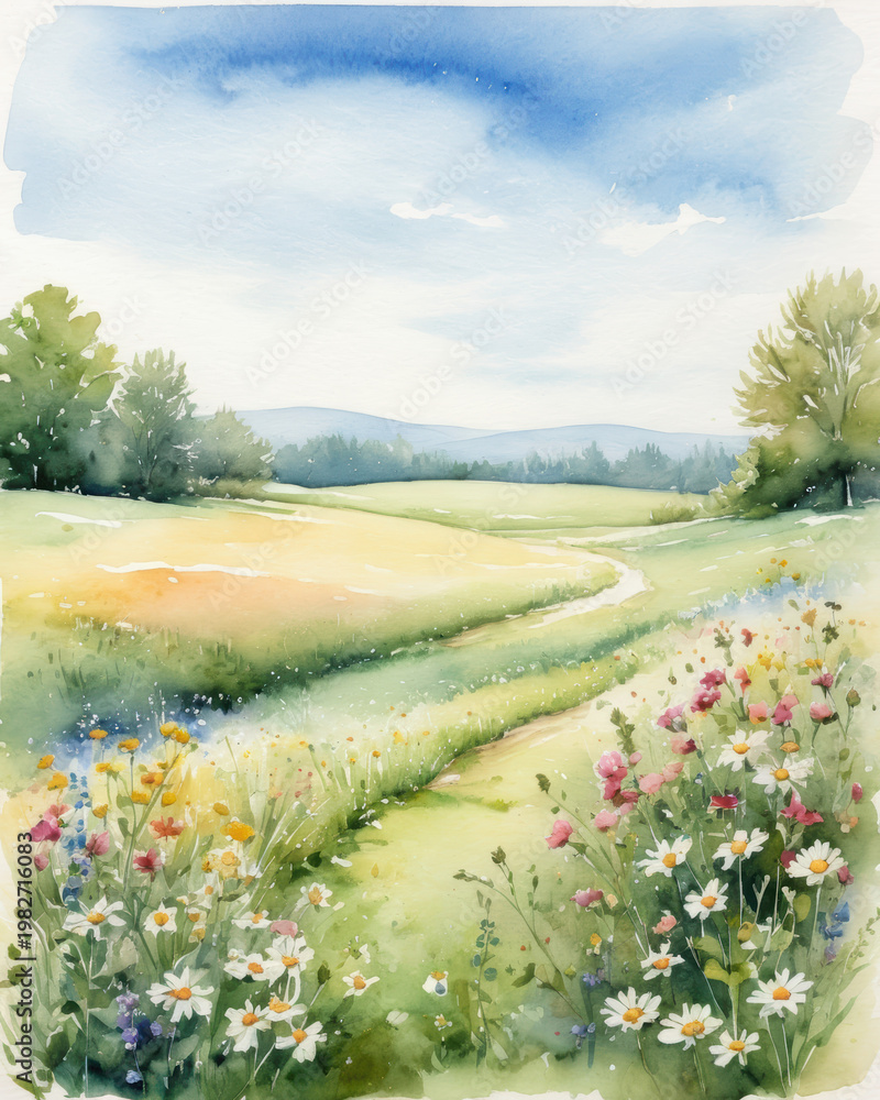 Obraz premium Meadow wildflower watercolor landscape sky path under bright sun and a gentle breeze peaceful field glows with color and serenity