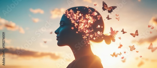 Human mind blooms with flowers and butterflies during sunset