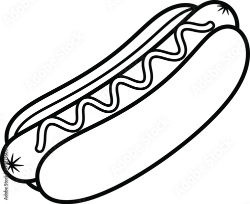 A simple line drawing of a hot dog with a bun and condiments