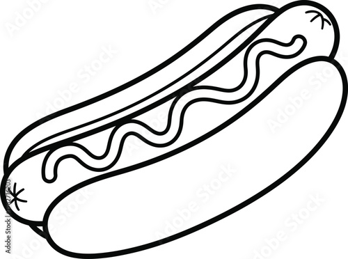 A simple line drawing of a hot dog in a bun with condiments
