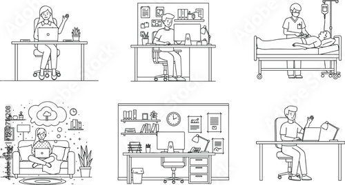 People working and professional activities vector set featuring office work, remote laptop use, medical care, creative workspace and business tasks line illustration