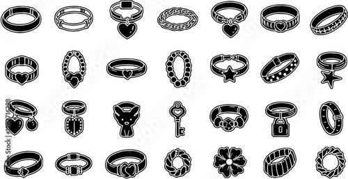 Black  White Glyph Icons Set: Fashion Accessories, Collars, Chokers, Rings, and Pendants in Bold Line Art Style