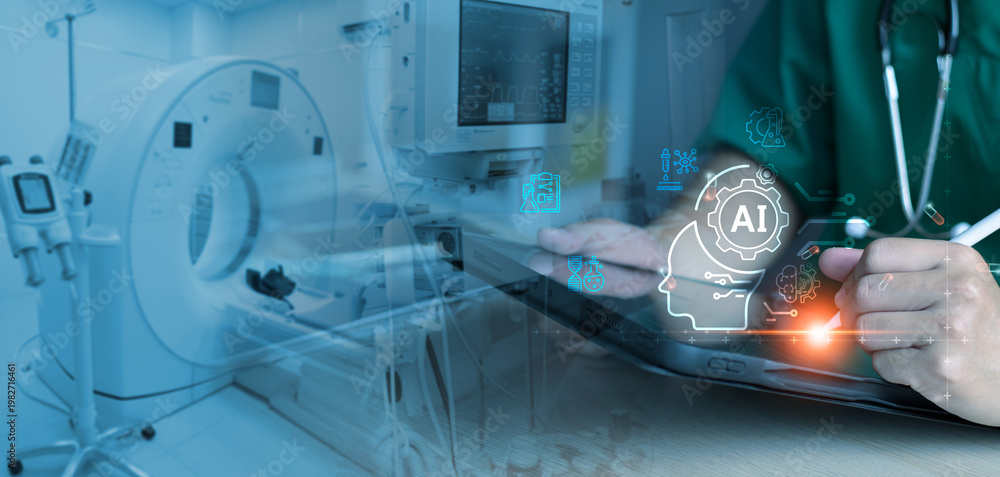Naklejka premium Professional doctor using digital tablet with AI brain interface and medical data. MRI scanner background, smart healthcare innovation, machine learning diagnostics, and advanced clinical technology.