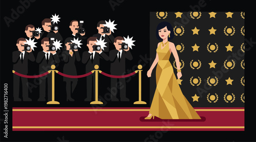 Celebrity woman in gold gown walking red carpet.