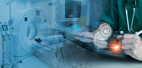 Professional doctor using digital tablet with AI brain interface and medical data. MRI scanner background, smart healthcare innovation, machine learning diagnostics, and advanced clinical technology.