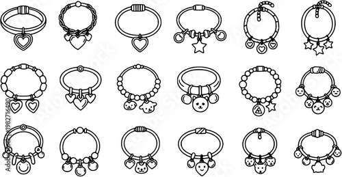Fashion Jewelry Bracelets and Charms Black and White Line Art Icons Set. Outline Doodle Glyphs of Accessories for Personal Adornment.