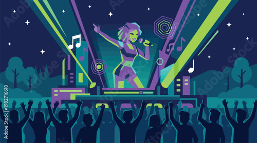 Female performer on neon stage during concert show.