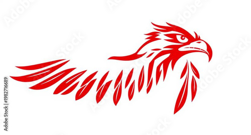 A vibrant red and black rooster vector illustration featuring a stylized tribal bird mascot design with fire wings isolated on a white background