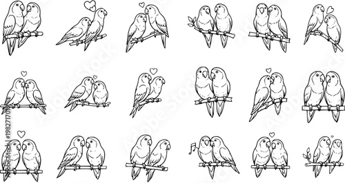 Romantic Lovebirds Couple Black and White Line Art Vector Illustration Set for Valentine's Day and Relationship Designs