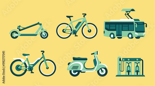 Set of Transportation Vehicle Icons in Flat Design.