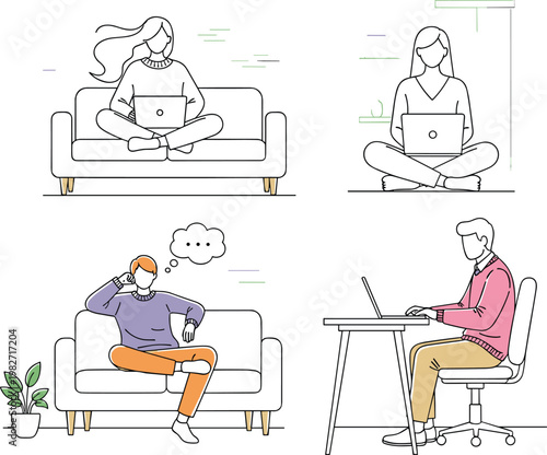 People working from home vector illustration set showing freelancers using laptops on sofa and desk, remote work lifestyle and relaxed workspace scenes