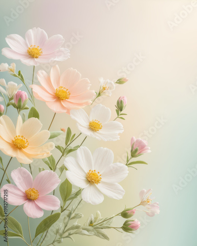Pastel floral flower bloom soft delicate petal color arrangement featuring color blend pink peach white and cream against a light airy background
