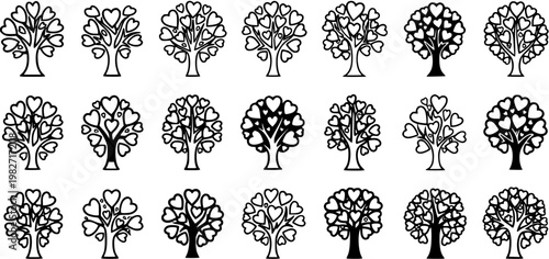 Black and White Line Art Heart Trees Collection, Valentine's Day, Love Concept