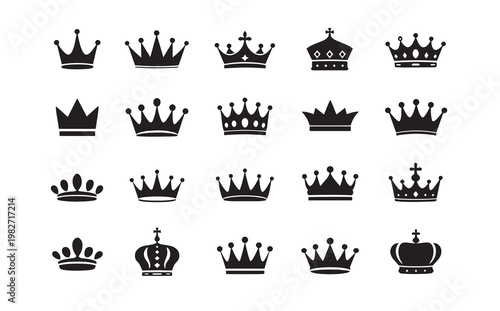 Vintage crown icons set, 20 royal king and queen headwear silhouettes, black imperial coronet vector symbols for luxury branding and heraldry