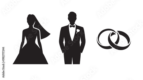 Wedding Couple Silhouette with Interlocked Rings for Marriage Love and Engagement Concepts