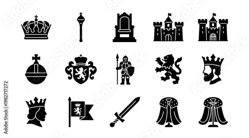 Vector Icon Set of Medieval Noble Heraldic Symbols and Royal Emblems