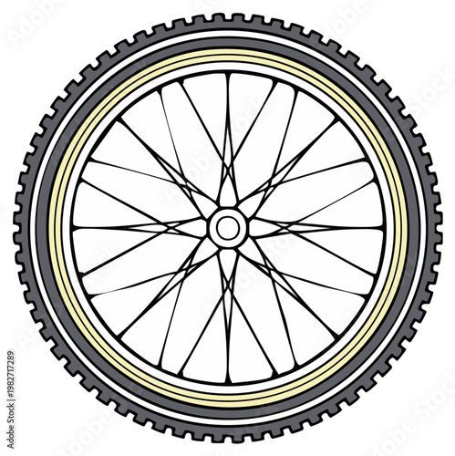 Bicycle wheel vector illustration featuring tire, spokes and rim isolated on white background