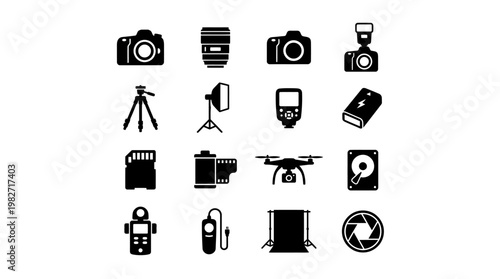 Vector Icon Set of Photography Equipment and Camera Gear for Creative Media Projects