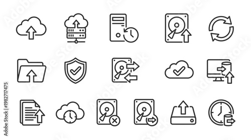 Cloud File Upload Icon Set for Data Storage and Internet Transfer in Linear Style