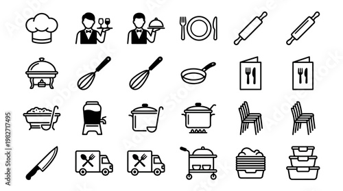 Vector Icon Set of Food and Kitchen Utensils for Cooking and Dining Applications