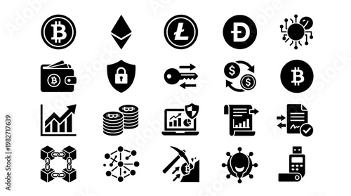 Collection of Cryptocurrency Icons Set for Digital Finance and Blockchain Technology