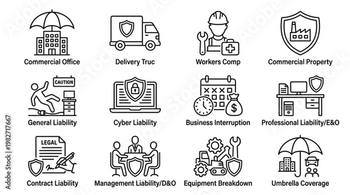 Legal Liability and Business Interruption With Data Protection Icons and Corporate Office Elements