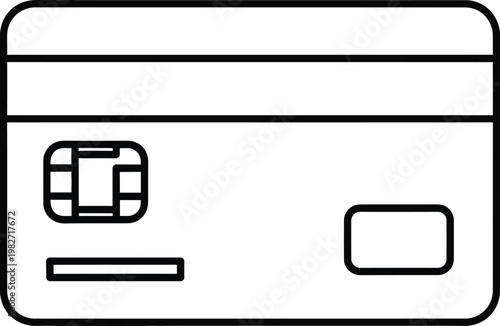 A simple line drawing of a credit or debit card with a chip and magnetic stripe