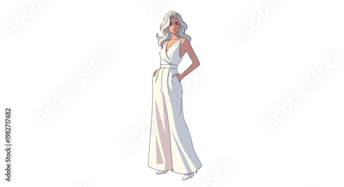 Elegant woman in white jumpsuit vector illustration, stylish female character with long blonde hair, modern fashion model posing in formal attire