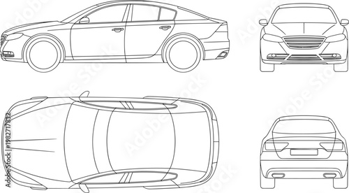 Detailed line drawing showcases a modern sedan car from multiple perspectives including side top front and rear views high quality professional