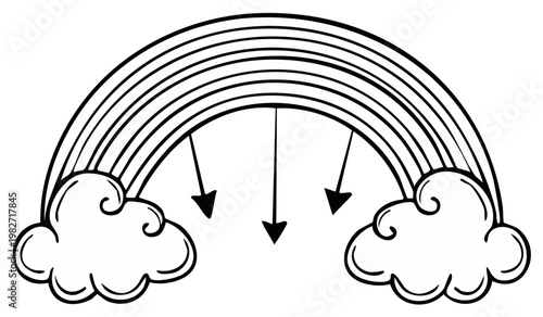 Whimsical rainbow illustration with clouds and downward pointing arrows in a line art style for kids coloring page concept