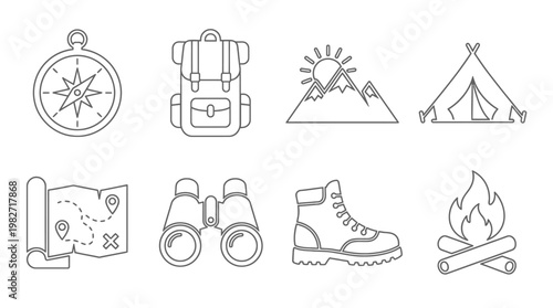 Outdoor Adventure Skills Illustration Set Featuring Camping Gear and Nature Elements