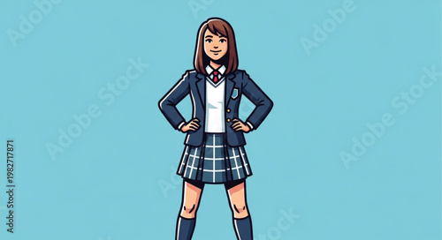 Young Schoolgirl Posing Confidently in Uniform Against Blue Background.