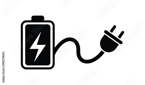 Black and white icon of a battery with a lightning bolt symbol being charged by a plug, representing energy and power supply.