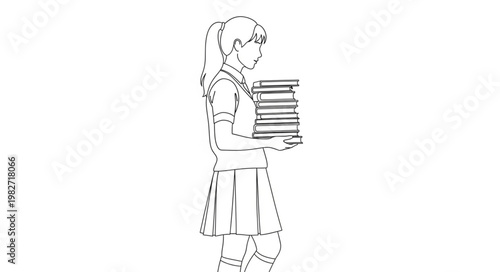 Young student carrying a stack of books, focused on studies.