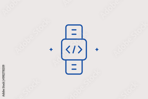 Smartwatch displaying programming brackets shows wearable technology development. Stylish Vector Illustration is perfect for mobile apps and modern gadget interfaces.