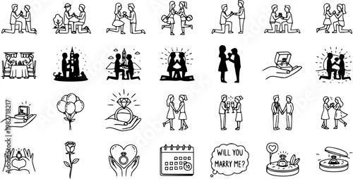 Romantic Proposal Icons: Couples, Rings, and Marriage Symbols in Black  White Line Art