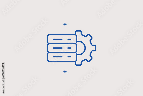Database servers combined with a gear symbol show data processing and infrastructure maintenance. Solid Vector Illustration is ideal for cloud storage and backend management themes.