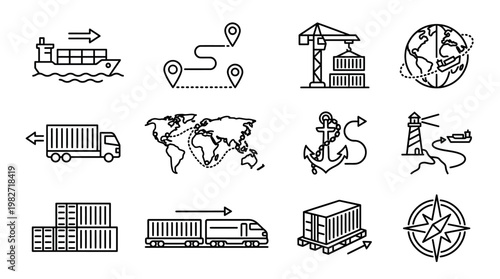 Vector Icon Set of Shipping and Transportation Symbols for Logistics and Freight