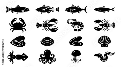 Vector Icon Set of Marine Creatures and Ocean Elements in Flat Design Style