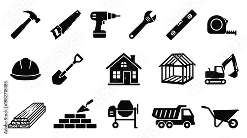 Construction Tools and Equipment Flat Icons Set for Building and Renovation Projects