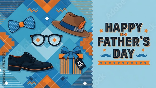 Happy father's day greeting card with classic men's accessories on a geometric background
