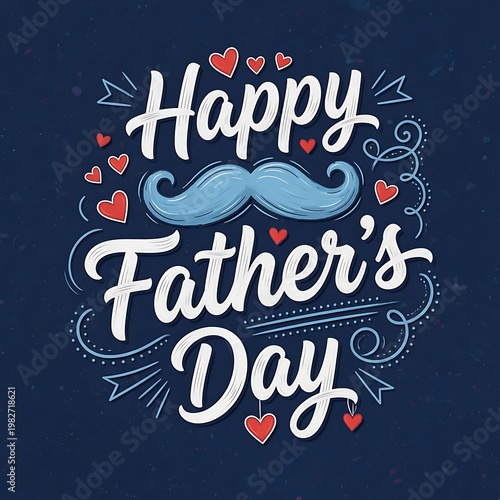 Happy father's day greeting card with a blue mustache and hearts on a dark background.