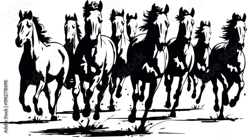 Racehorses charging toward camera at finish line