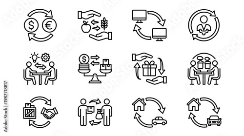 Set of Business and Financial Icons for Digital Communication and Data Management