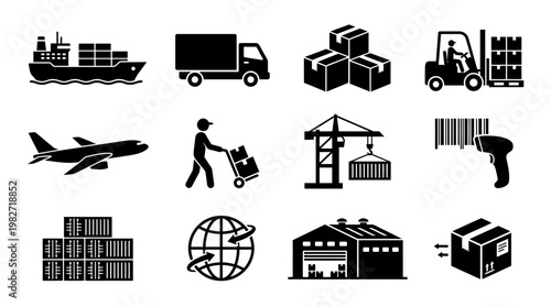 Vector Illustration of Logistics and Supply Chain Operations with Cargo and Transportation Elements