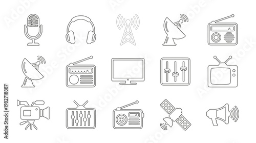 Set of Technology and Media Icons in Line Art Style for Digital Devices and Broadcast