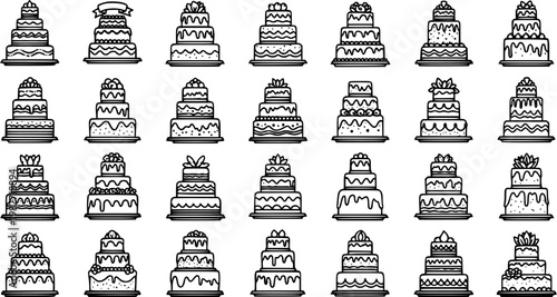 Food and Celebration Line Art Icon Set of Wedding and Birthday Cakes. Black and White Outline Tiered Desserts for Baking, Parties, and Special Events.