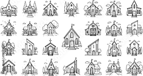 Black and White Line Art Collection of Diverse Church Building Designs, Religious Architecture Symbols