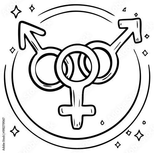 Gender identity symbols interconnected inside circle with stars