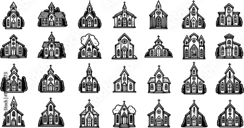 Religious Architecture Black and White Line Art Collection of Church Buildings. Hand-Drawn Outline Icons for Spirituality, Worship, and Community Design.
